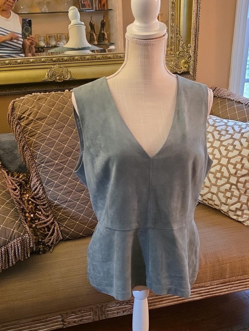 BCBG Sleeveless V-Neck Peplum Top in Dusty Sage